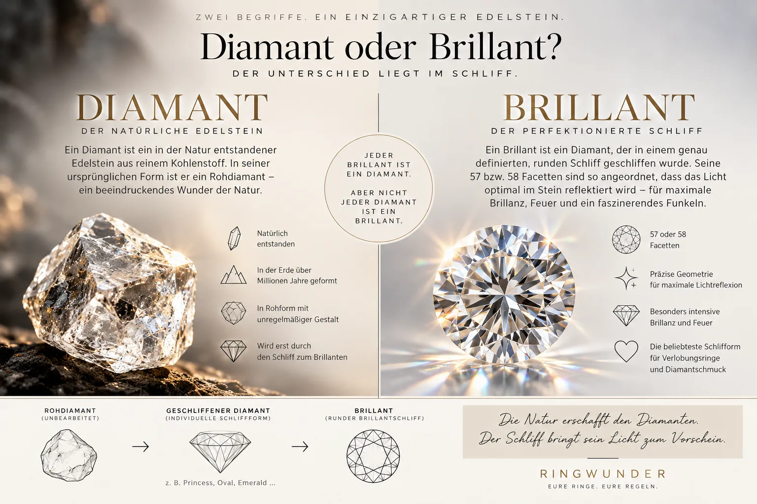 Unterschied zwischen natürlichem Diamant und Brillant mit Brillantschliff